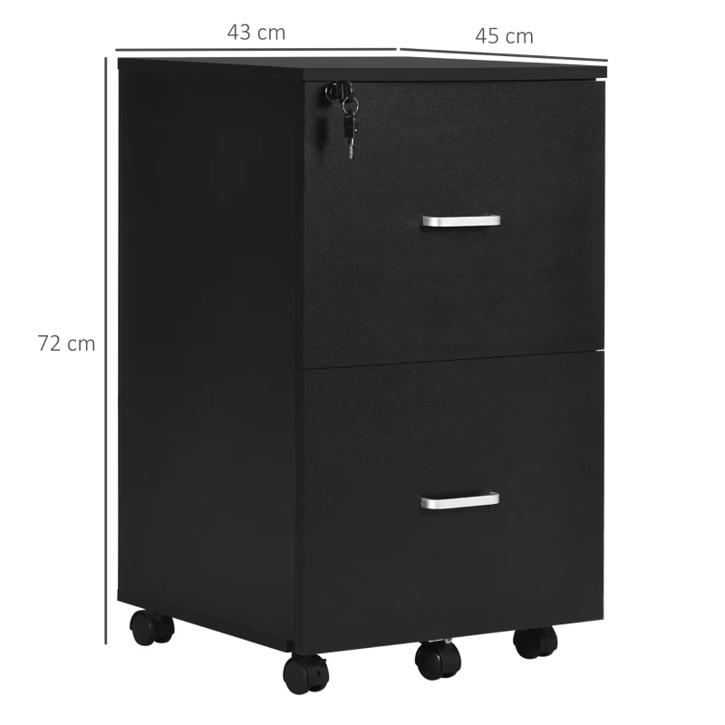 Vinsetto Caisson de bureau rangement sur roulettes dossier meuble armoire de bureau 2 tiroirs verrouillables en MDF panneaux de particules dim. 43L x 45l x 72H cm noir