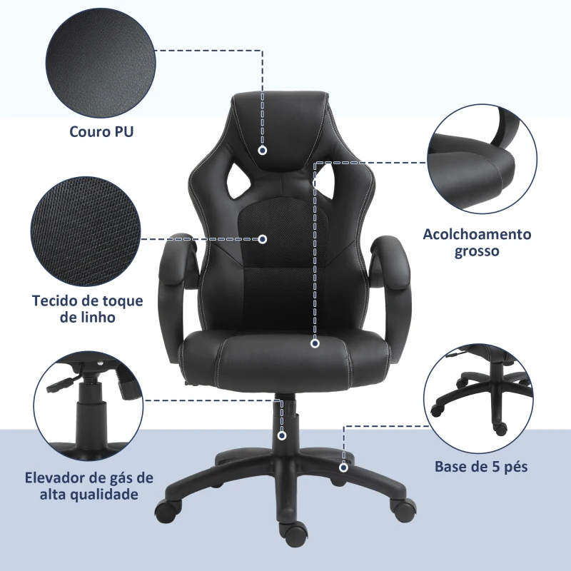 HOMCOM Cadeira de Escritório Ergonómica Cadeira de Escritório Giratória com Altura Ajustável Encosto Alto Estofado em Couro PU e Malha Transpirável 71x61x108-118cm Preto