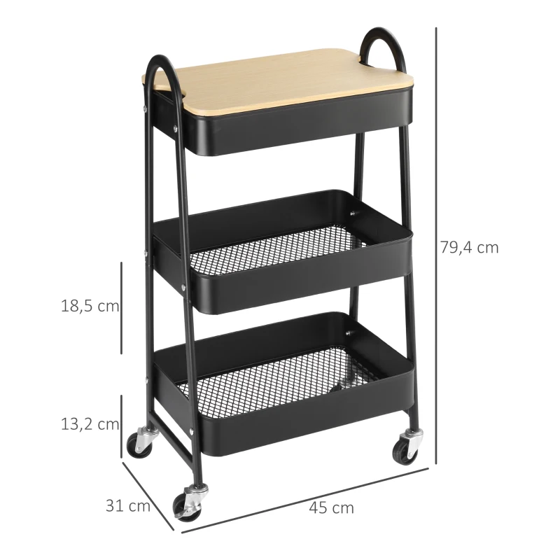 HOMCOM Desserte chariot de rangement en acier à roulettes avec 3 niveaux, plateau MDF, poignées dim. 45L x 31l x 79,4H cm