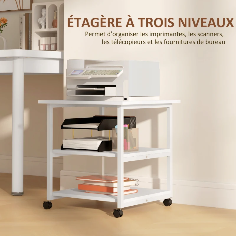 HOMCOM Support d'imprimante desserte de rangement 3 niveaux étagères mobile sur roulettes 50L x 50l x 52,5H cm