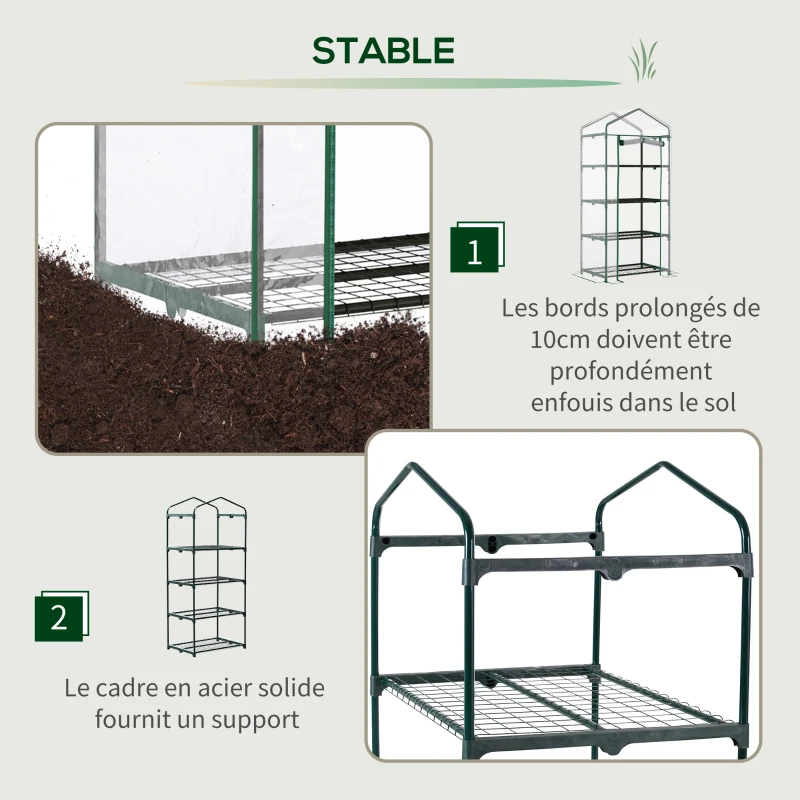 Outsunny Serre de jardin avec étagères 4 niveaux, serre de balcon, bâche renforcée PVC, châssis en acier, porte zippée, pour légumes plante fleurs, intérieur et extérieur, 70x50x160cm, transparente