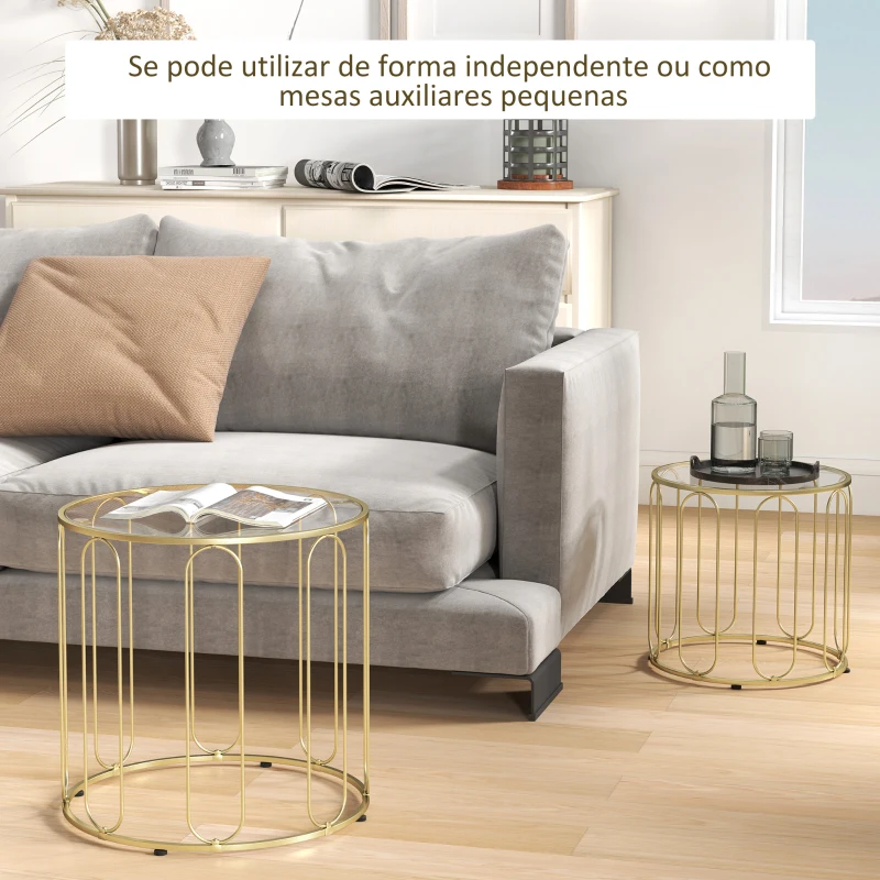 HOMCOM Mesas Auxiliares para Sala de Estar Redondas Conjunto de Mesas Laterais com Estrutura de Metal e Bancada de Vidro Mesas