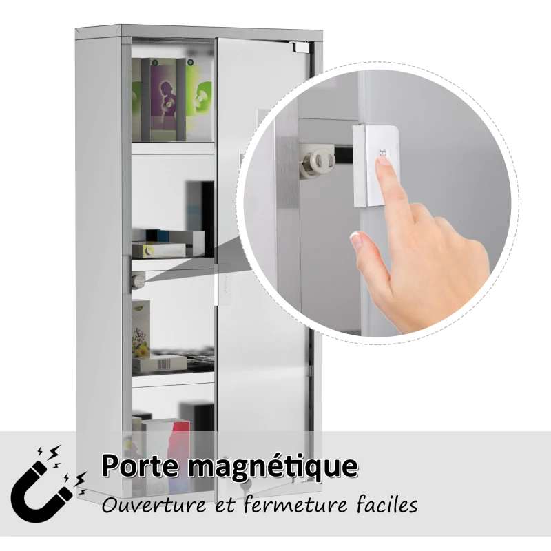 HOMCOM Armoire à Pharmacie 3 étagères 4 Niveaux 30L x 12l x 60H cm Porte Verre trempé Symbole Croix Acier Inoxydable brossé