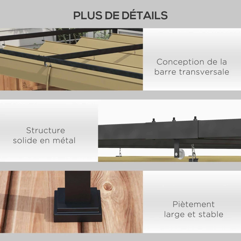 Outsunny Pergola coulissante Pergola rétractable 3 x 2 m structure métal époxy anticorrosion toile polyester 180 g/m² kaki