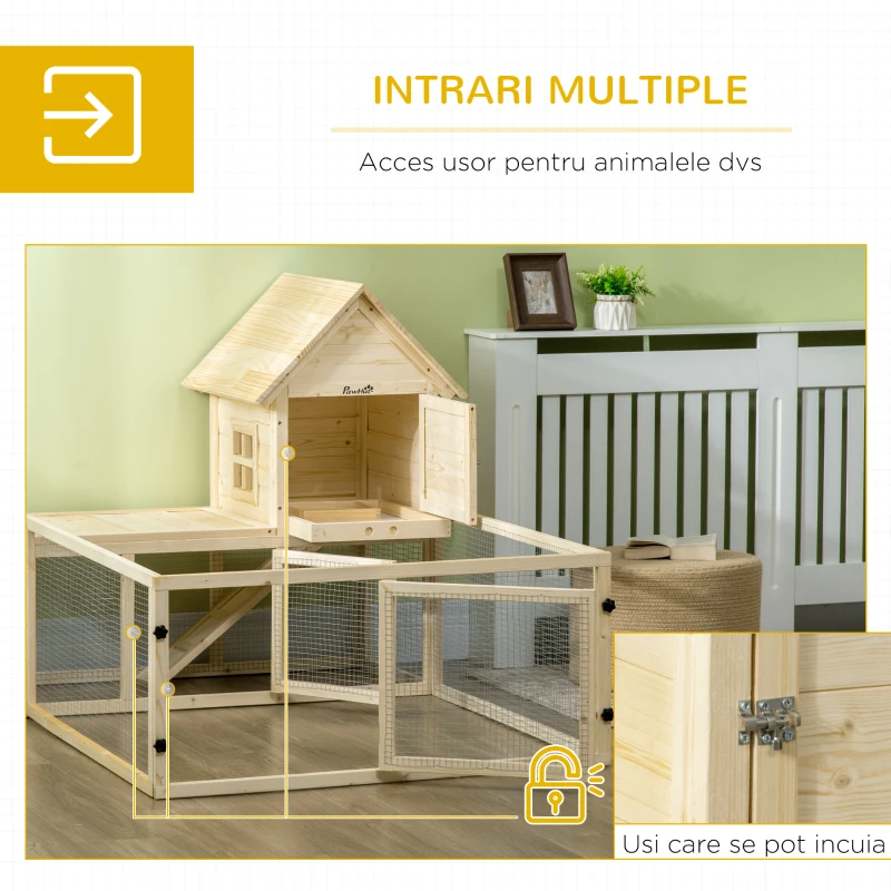 PawHut Cotet din molid cu tava detasabila, 3 usi si zona exterioara, 151,5x106x97 cm, culoare lemn(m-5)