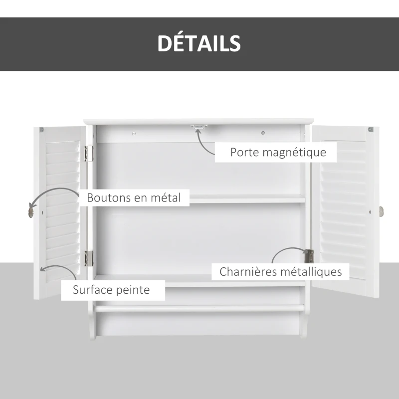 kleankin Armoire Murale Salle de Bain - Placard 2 Portes persiennes avec étagère - Porte-Serviette - Bois Blanc