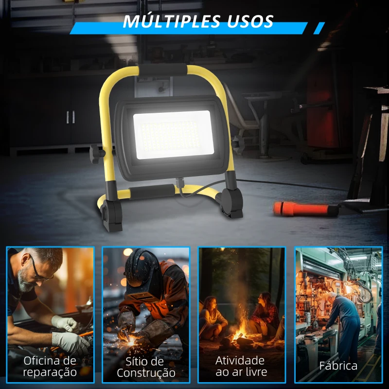 HOMCOM Preojetor LED Recarregável Ajustáve 50W 4250 Lúmenes IP65 6500K Reflector LED Portátil com Pega 25,5x16x25,5 cm Amarelo