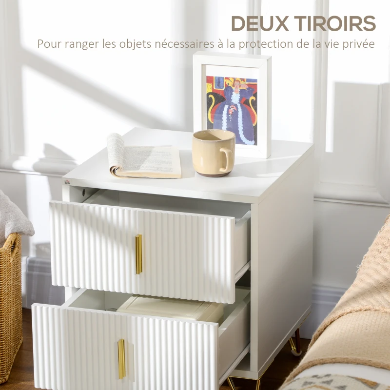 HOMCOM Table de chevet table de nuit avec 2 tiroirs style art déco - 40 x 40 x 47 cm - métal doré et blanc