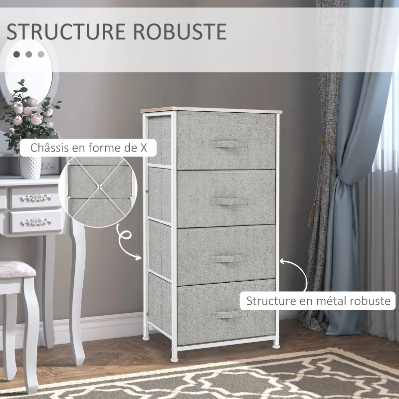 HOMCOM Commode en Tissu Meuble de Rangement 4 tiroirs chiffonnier dim. dim. 45L x 30l x 92H cm Cadre en métal
