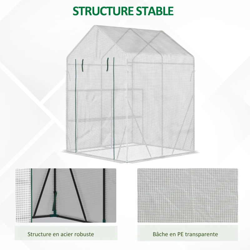 Outsunny Serre de jardin PE avec étagères 2 niveaux, serre de balcon, bâche renforcée 140 g/m², châssis en acier, porte zippée enroulable, pour légumes plantes fleurs, 143x143x195cm, blanc