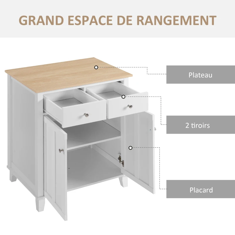 HOMCOM Buffet de Cuisine Commode Meuble de Rangement pour Chambre, Salon Bureau avec 2 Portes 2 tiroirs - 76 x 48 x 91 cm - Blanc et Aspect Bois