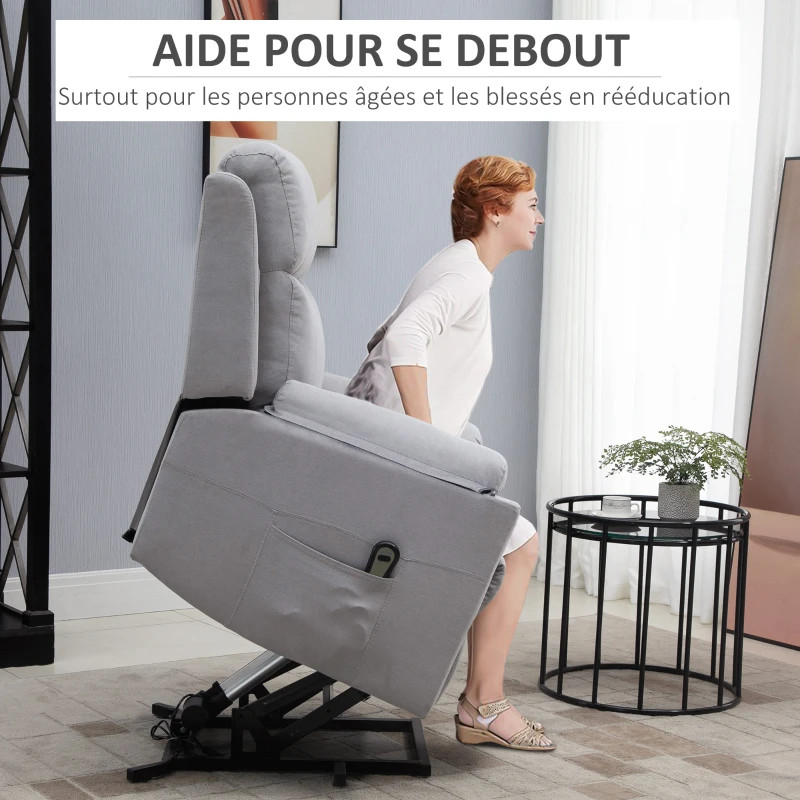 HOMCOM Fauteuil releveur électrique, fauteuil relax électrique avec repose-pied, dossier inclinable, télécommande et poche latérale charge 120kg tissu aspect lin gris clair(m-5)