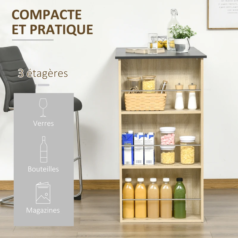 HOMCOM Table de bar table haute de cuisine mange-debout comptoir - dim. 112L x 57l x 106H cm - 3 étagères - aspect chêne clair noir