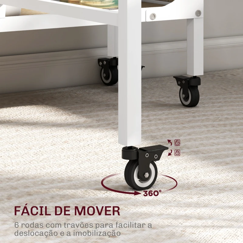 HOMCOM Mesa de Cozinha Dobrável Mesa de Refeição Dobrável com Rodas Laterais Abatíveis e Prateleira 130x80x74 cm Madeira e Branco
