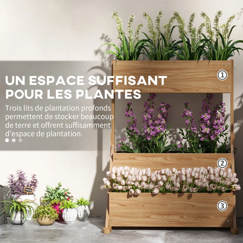 Outsunny Jardinière sur pieds surélevée 3 niveaux avec inserts d'irrigation et feutre drainage en bois pour extérieur