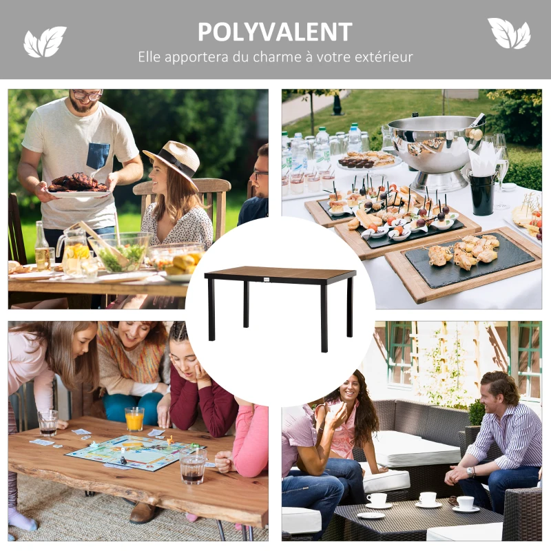 Outsunny Table à manger de jardin pour 6 personnes, en aluminium, 140 x 90 x 74 cm, aspect bois naturel