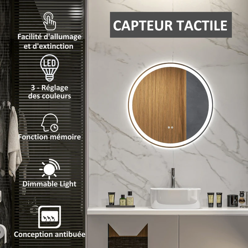 kleankin Miroir rond lumineux LED de salle de bain Ø 60 cm mural avec éclairage 3 couleurs interrupteur tactile 29W blanc argent