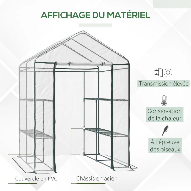 Outsunny Serre de jardin avec étagères 3 niveaux, serre de balcon, bâche renforcée, châssis en acier, porte zippée enroulable, pour légumes plantes fleurs, intérieur et extérieur, 143x143x195cm, vert