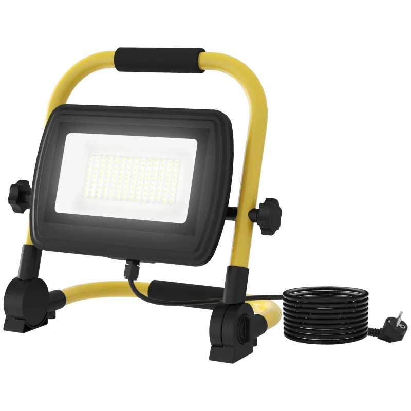 HOMCOM Preojetor LED Recarregável Ajustáve 50W 4250 Lúmenes IP65 6500K Reflector LED Portátil com Pega 25,5x16x25,5 cm Amarelo