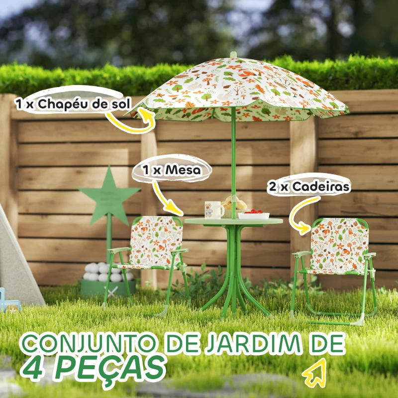 AIYAPLAY Conjunto de Mesa e Cadeiras para Crianças de Jardim com Cadeiras Dobráveis Chapéu de Sol Ajustável e Desenho de Raposas Verde