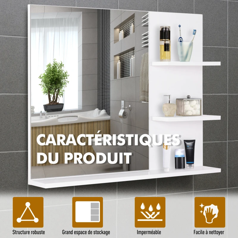 HOMCOM Miroir de Salle de Bain avec étagères - 2 étagères latérales + Grande étagère inférieure - kit Installation fourni - MDF Blanc