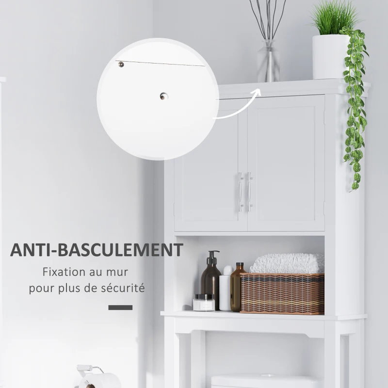 kleankin Meuble WC dessus de toilette avec placard à porte double, étagère réglable et niche, dim. 71 x 20,5 x 165 cm, blanc