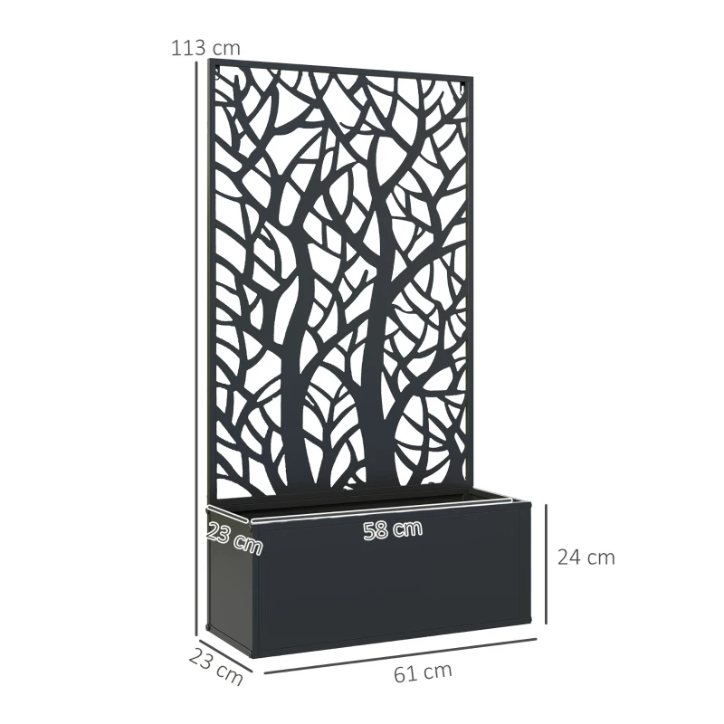 Outsunny Floreira de Metal com Ecrã de Privacidade com Ramos Decorativos Floreira de Parede ou Independente  61x23x113 cm Preto