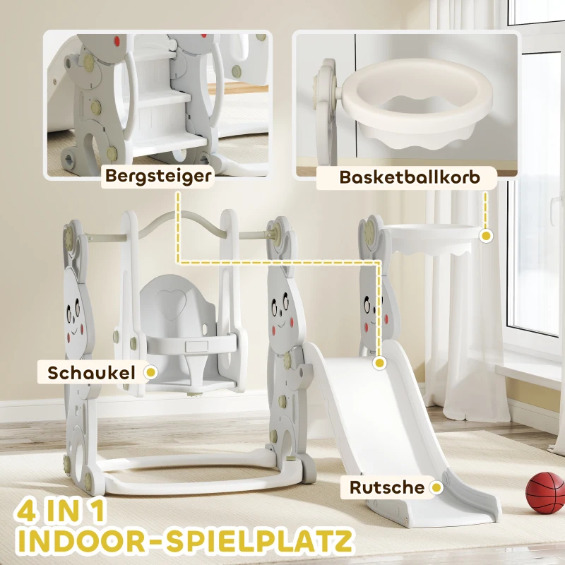 AIYAPLAY 4-in-1 Peuterspeelset, Glijbaan, Schommel, Klimrek, Basketbalring, Kunststof, Konijnendesign, Grijs