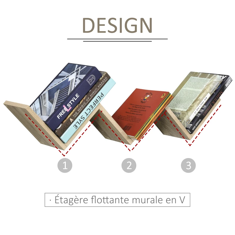 HOMCOM Etagères murale flottante - design contemporain en V - kit fixation inclus - panneaux particules chêne clair