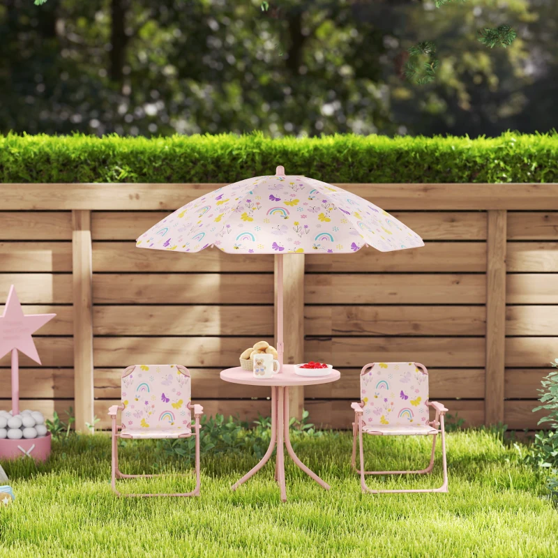 AIYAPLAY Conjunto de Mesa e Cadeiras para Crianças de Jardim com Cadeiras Dobráveis Chapéu de Sol Ajustável e Desenho de Raposas Rosa