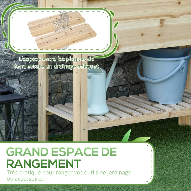 Outsunny Jardinière sur pieds potager avec étagère à lattes 90 x 40 x 81 cm inserts d'irrigation, géotextile inclus bois massif