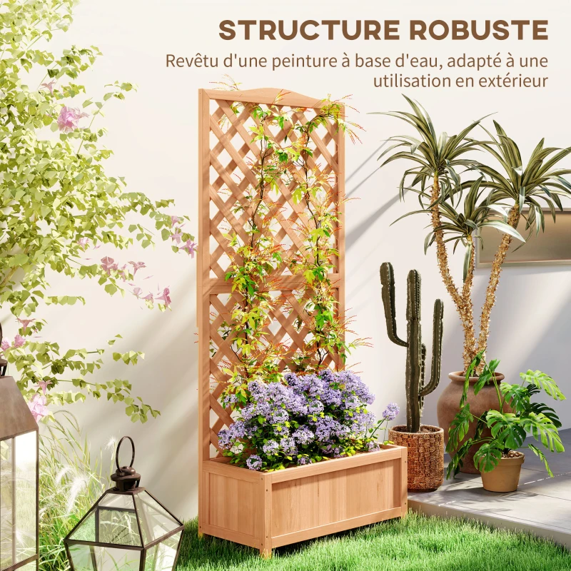 Outsunny Jardinière avec treillis bac à fleurs avec treillis fond à lattes bois massif 76 x 36 x 170 cm marron