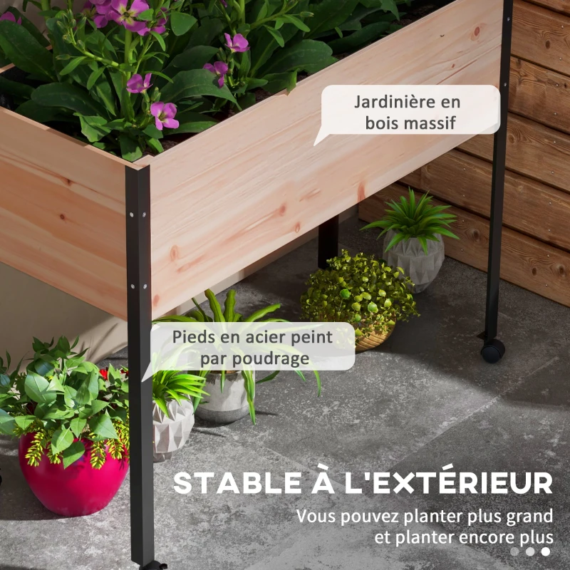 Outsunny Jardinière surélevée sur pieds avec 4 roulette, inserts d'irrigation + Feutre de Drainage Inclus Bois Sapin et métal