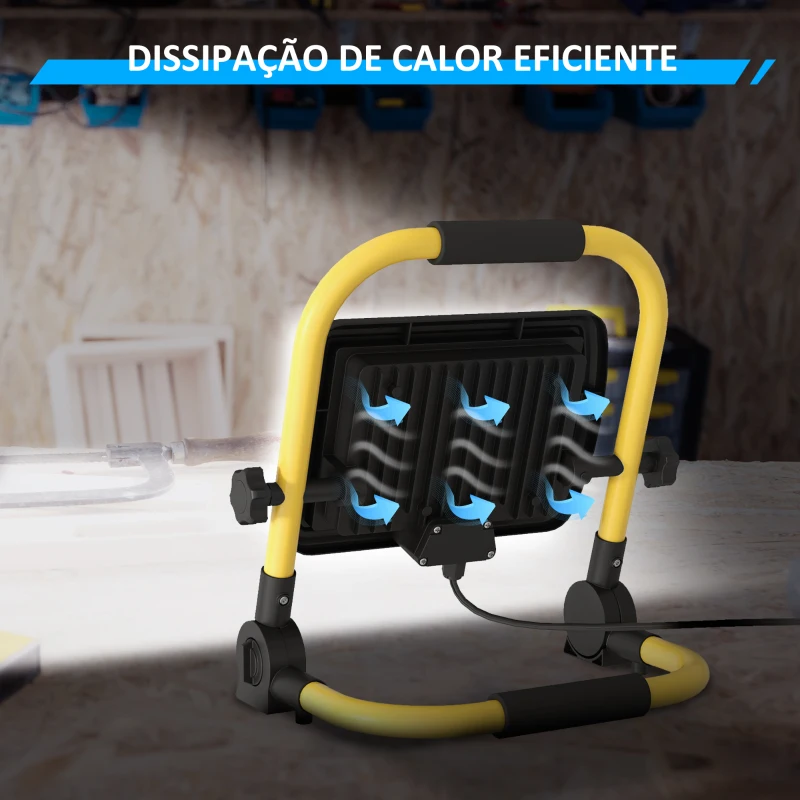 HOMCOM Preojetor LED Recarregável Ajustáve 50W 4250 Lúmenes IP65 6500K Reflector LED Portátil com Pega 25,5x16x25,5 cm Amarelo
