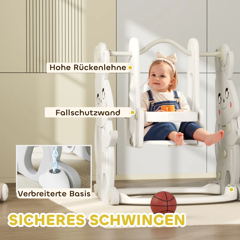 AIYAPLAY 4-in-1 Peuterspeelset, Glijbaan, Schommel, Klimrek, Basketbalring, Kunststof, Konijnendesign, Grijs