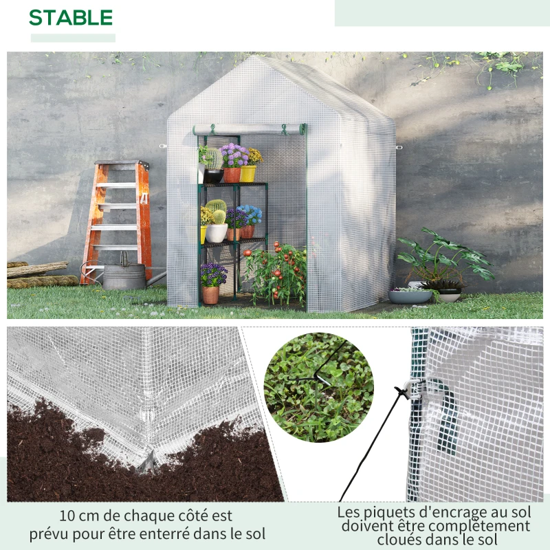 Outsunny Serre de jardin PE avec étagères 2 niveaux, serre de balcon, bâche renforcée 140 g/m², châssis en acier, porte zippée enroulable, pour légumes plantes fleurs, 143x143x195cm, blanc