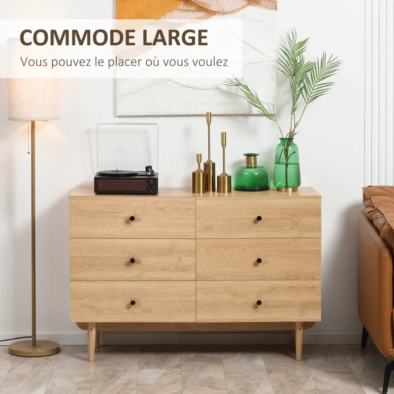 HOMCOM Commode 6 tiroirs meuble de rangement pieds en bois massif 120 x 40 x 80 cm couleur bois