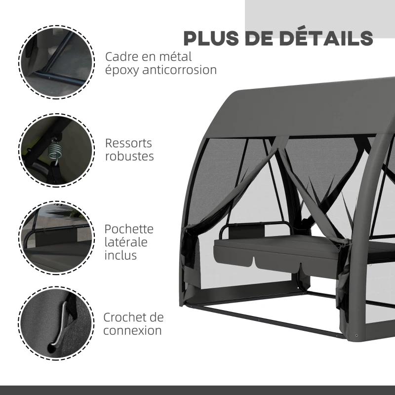 Outsunny Balancelle de jardin convertible 3 places balancelle d'extérieur avec auvent et coussins 240 x 140 x 197 cm gris