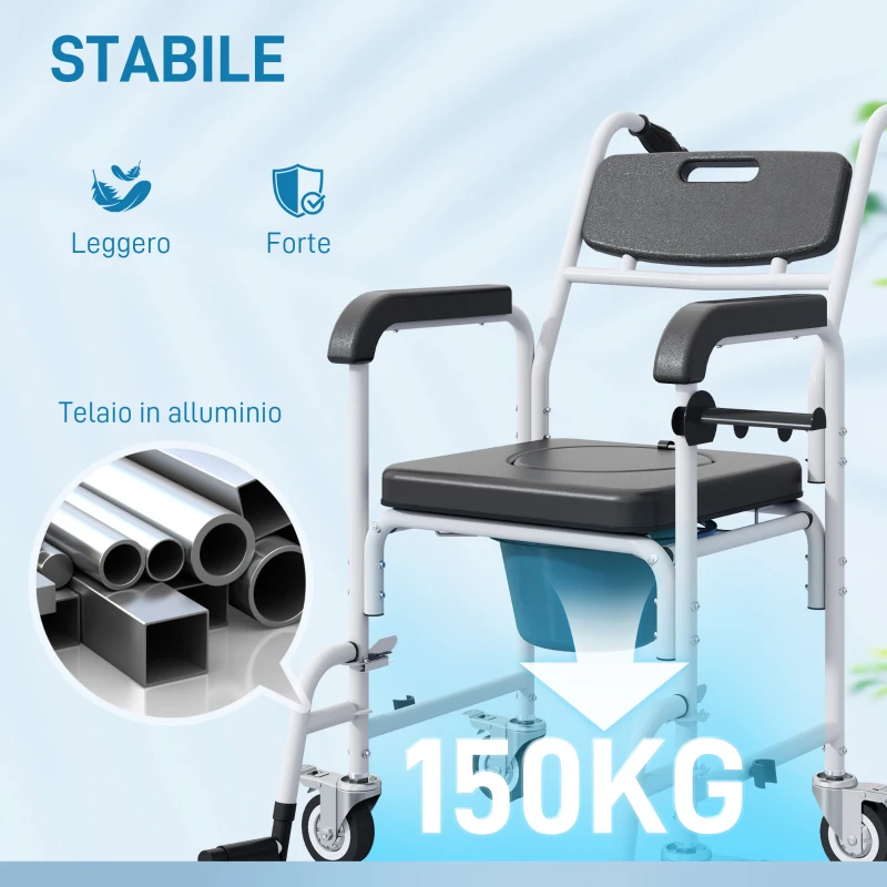 HOMCOM Sedia a Rotelle con WC Impermeabile 4 in 1 con Poggiapiedi Ribaltabili, in Alluminio e Plastica, Nero