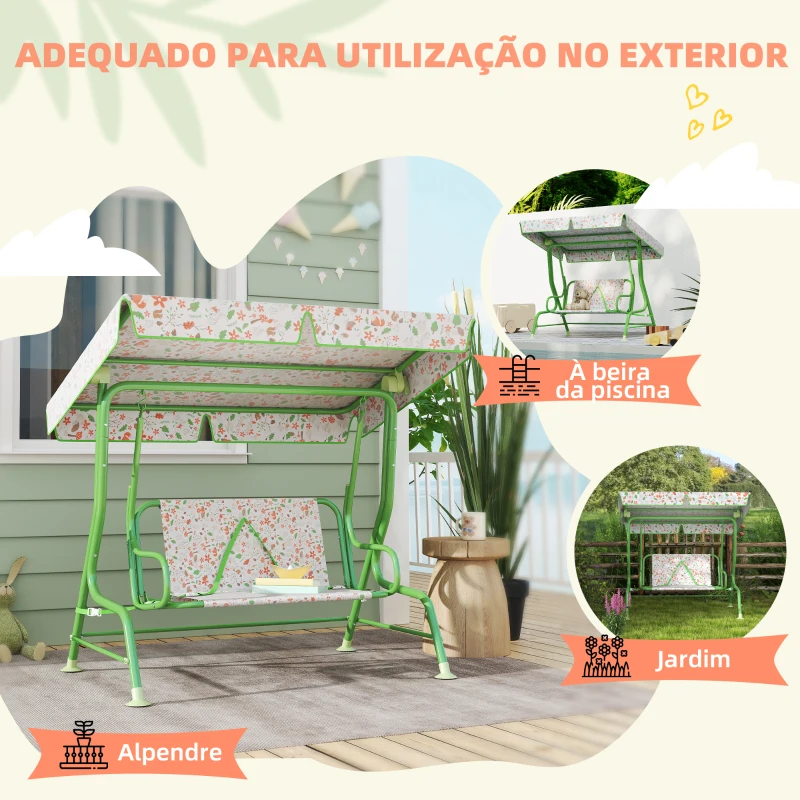AIYAPLAY Baloiço de Jardim para Crianças com 2 Lugares Toldo Ajustável Cinto de Segurança e Desenho de Borboletas 112x75x120 cm Verde