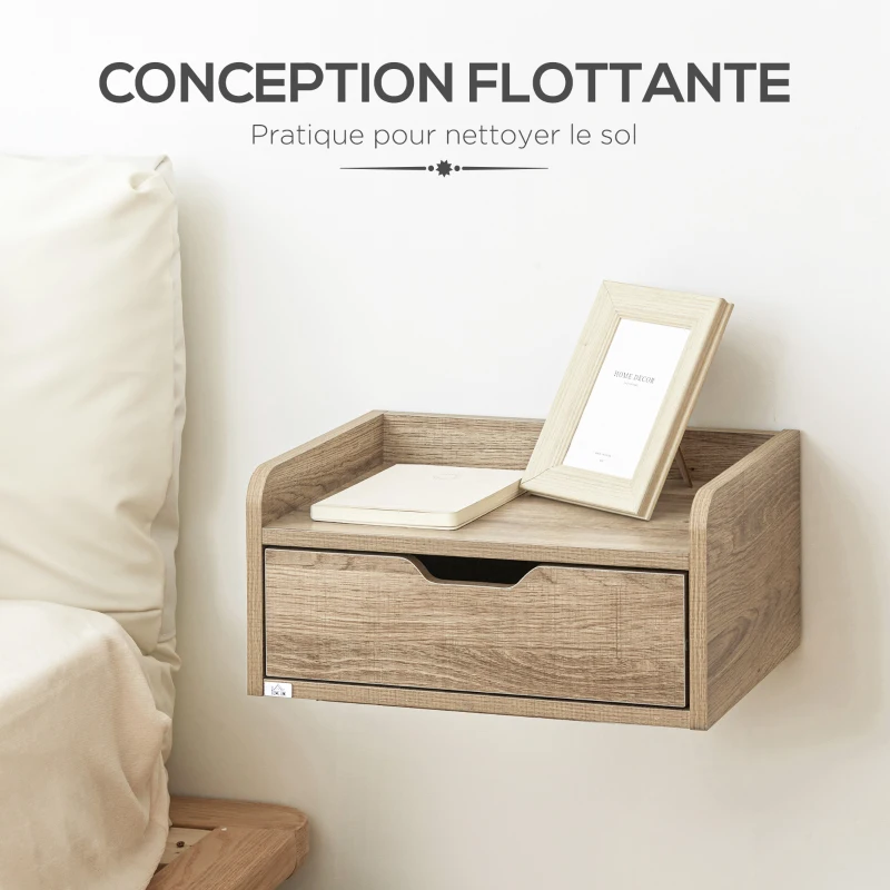 HOMCOM Lot de 2 tables de chevet murales tables de nuit suspendues tiroir plateau aspect bois dim. 40L x 30l x 19,5H cm