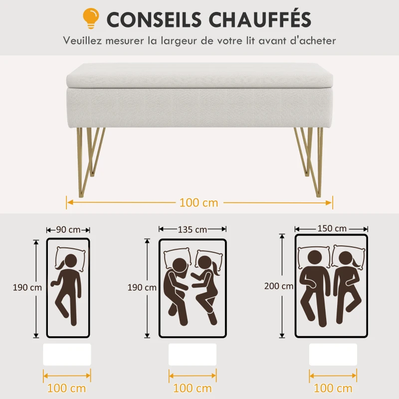 HOMCOM Banc banquette coffre de rangement 2 en 1 en tissu avec pieds épingle en acier doré 100 x 40 x 49 cm crème