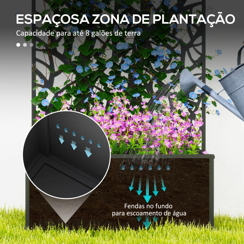 Outsunny Floreira de Metal com Ecrã de Privacidade com Ramos Decorativos Floreira de Parede ou Independente  61x23x113 cm Preto