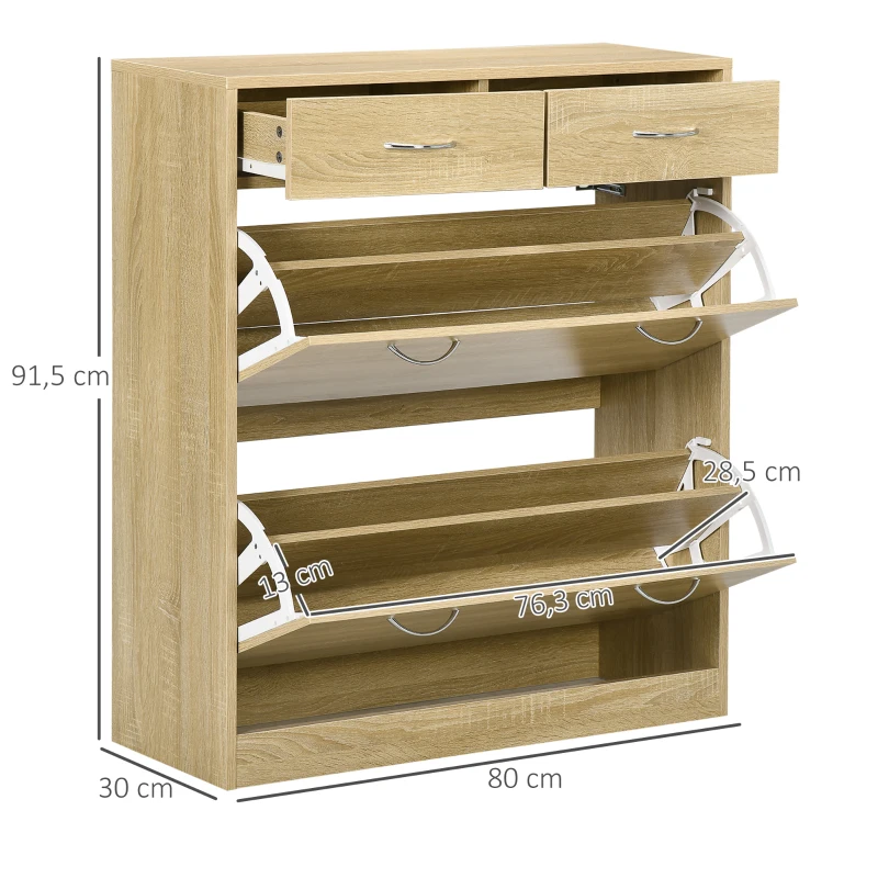 HOMCOM Meuble à chaussures 2 tiroirs et 2 portes abattantes avec étagère réglable 80 x 30 x 91,5 cm poignées alu. naturel