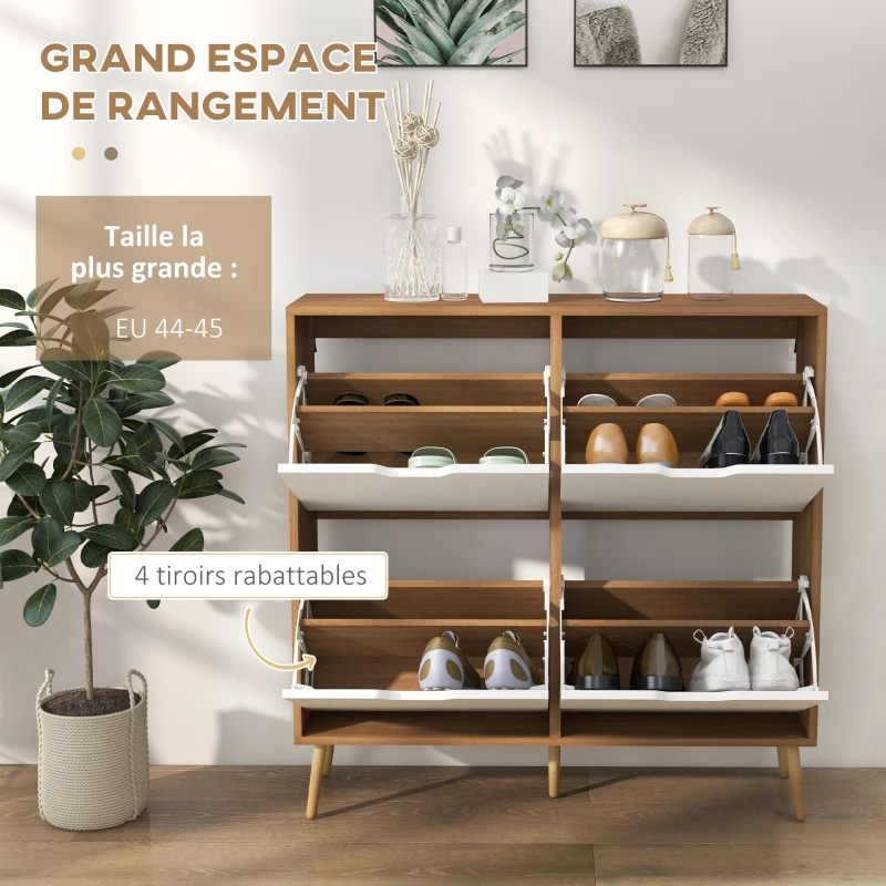 HOMCOM Meuble à chaussures 4 abattants 16 paires avec étagère réglable pieds en bois de pin 95 x 26 x 95 cm naturel