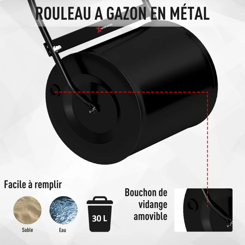Outsunny Rouleau à Gazon Jardin en Acier avec poignée dim. 47L x 32l x 105H cm lestage Max. 30 L Noir