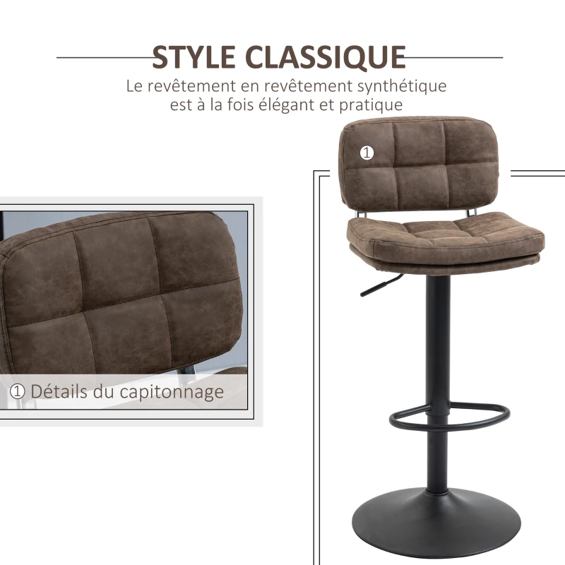 HOMCOM Lot de 2 tabourets de bar Vintage capitonné - pivotant, réglable - repose-pied - revêtement synthétique marron