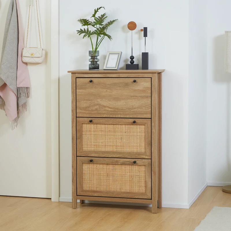 HOMCOM Meuble à chaussures étagère à chaussures armoire 3 portes abattants effet cannage rotin - en bois bois naturel