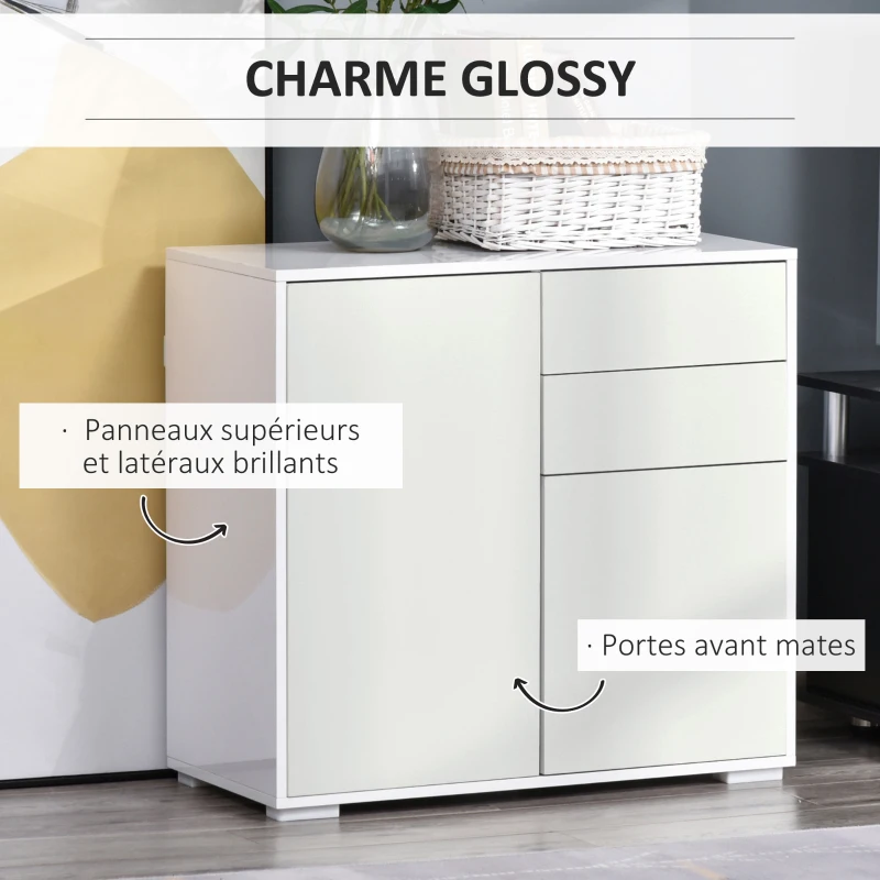 HOMCOM Meuble de rangement buffet commode armoire de rangement avec 2 tiroirs et 2 placards à portes, étagères réglables, pour salon, cuisine, chambre, 79 x 36 x 74 cm blanc