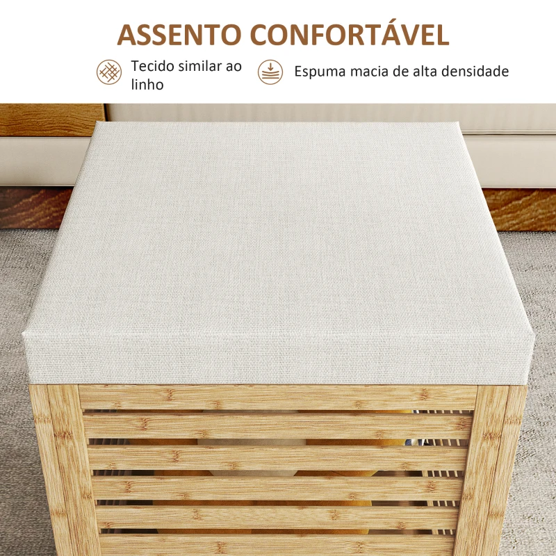 HOMCOM Banco com Armazenamento 57,7L Banco com Arrumação Estofado em Linho Sintético com Estrutura em Bambu 40x40x47 cm Cinza e Madeira